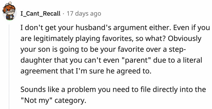 Why is it so crazy that OP is favoring her only son over her partner's daughter, with whom she has no relationship?