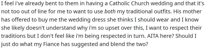 OP believes she is already compromising enough by having a Catholic wedding and wants her heritage to be shown too.