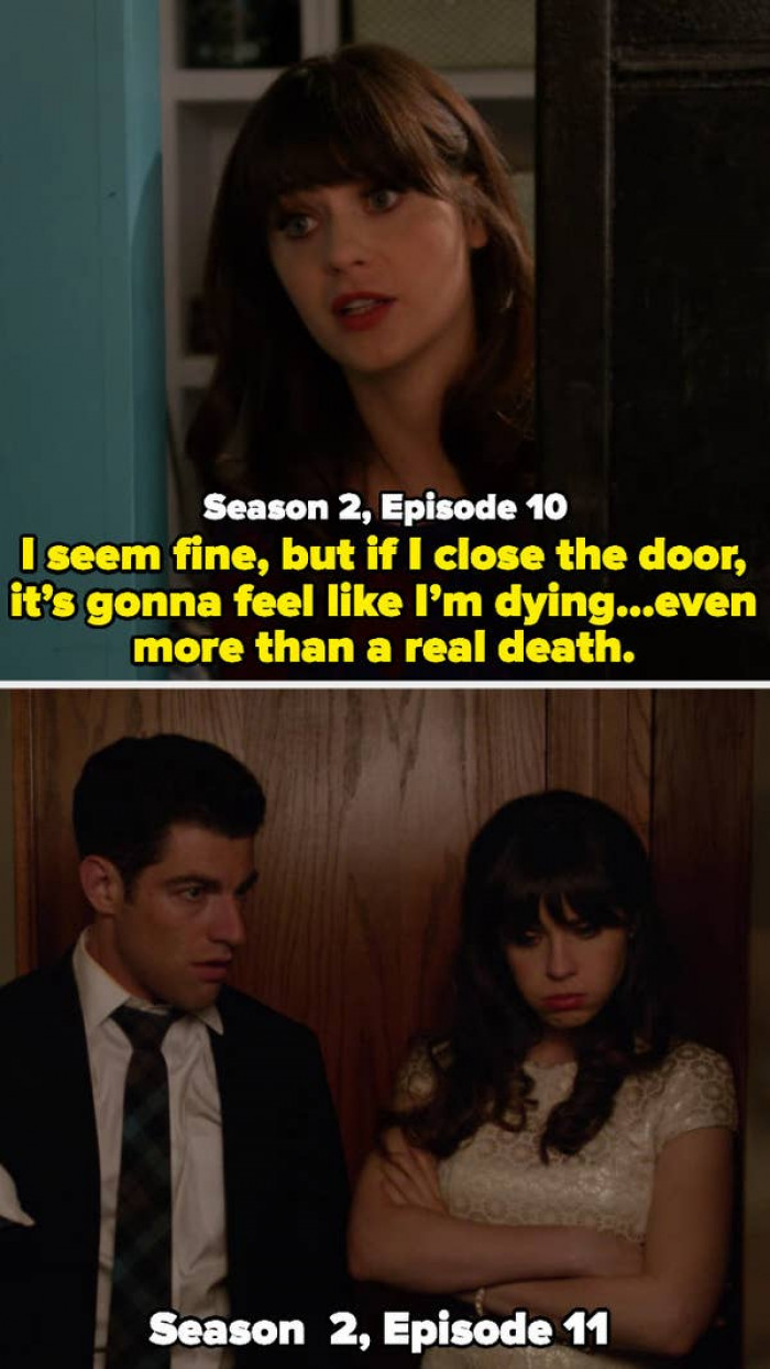 15. New Girl - Jess confesses to Winston that she is claustrophobic, even locking herself in a closet and screaming for help. However, Jess hides in a closet with many characters and has no panic attack just one episode later.