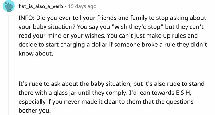 Did OP at least voice that questions like this make her feel uncomfortable before resorting to the pregnancy jar?