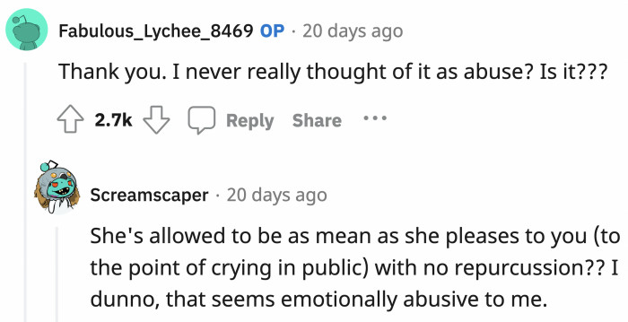 OP didn't even realize that her sister's actions towards her can be considered abusive