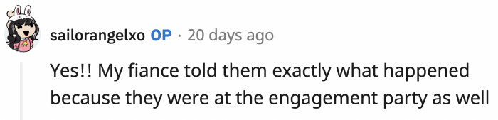 It's a good thing OP has a supportive fiancé