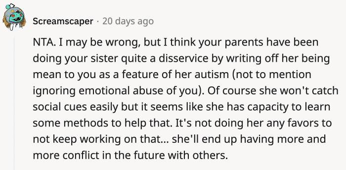 OP's parents set up OP's sister for failure by not giving her opportunities to learn about boundaries and social cues