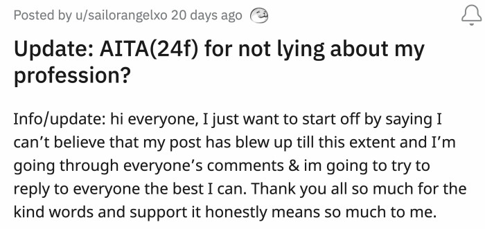 OP posted an update a day later to, first, acknowledge everyone's kind words towards her and then to share what happened during a phone call with Alex.