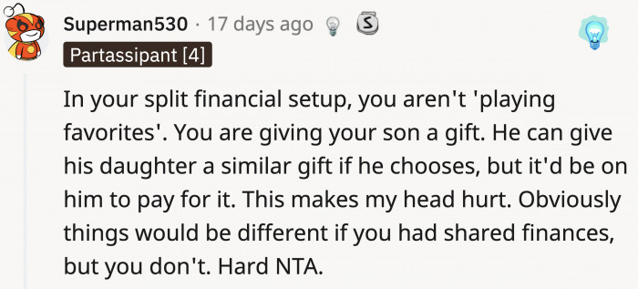 It couldn't be clearer that OP is not at fault here. If he wants to treat his daughter, then he has to do so using his own dime.