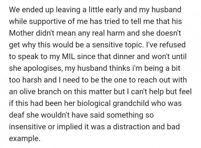 OP and her husband ended up leaving early. She also decided not to speak to her MIL until she receives an apology.