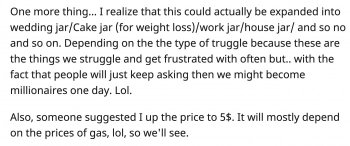 She is also looking into expanding her pregnancy jar into a much larger awkward questions empire: