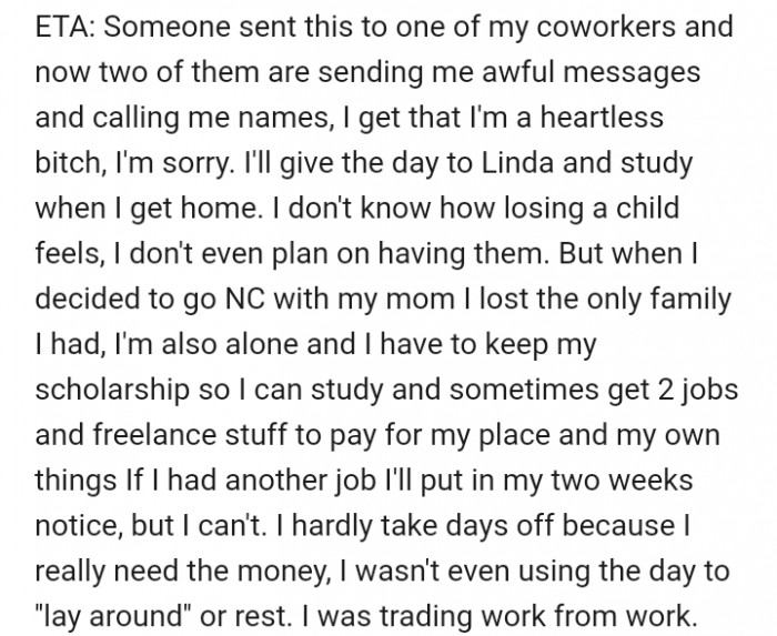 Apparently, someone sent this Reddit post to OP's coworker, causing things to escalate further