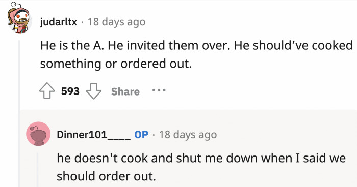 OP answered some questions as to why she had to cook for her husband's guests