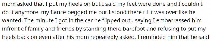 When OP took off her heels and sat down, all hell broke loose, and everyone started acting like it was some sort of disaster.