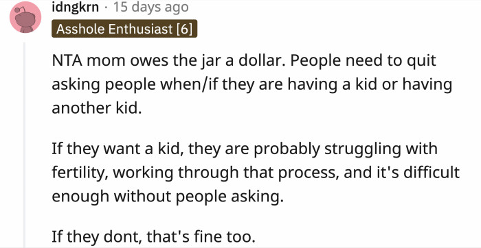 Mom owes a lot more than a dollar for that lecture alone