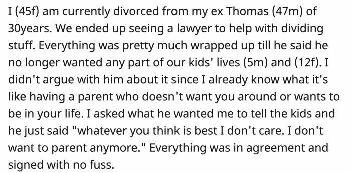 OP is going through a divorce agreement with her ex-husband, and toward the end of the process, her ex disclosed that he wanted to cut ties with their kids.
