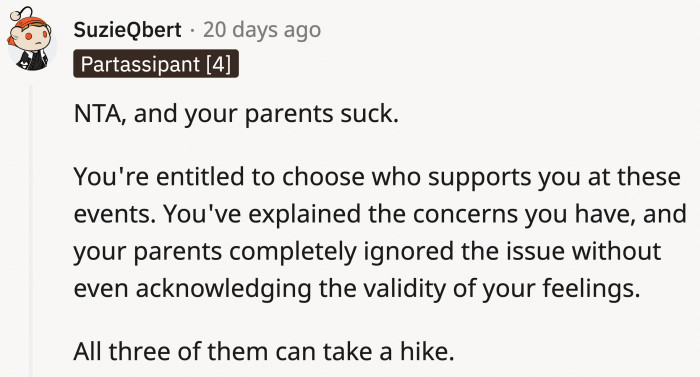 They ignored her request and invalidated her feelings. They failed both of their kids.