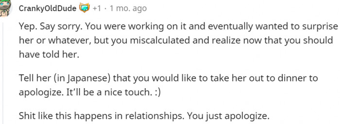 15. It'll be a nice touch to take her out for dinner and apologize