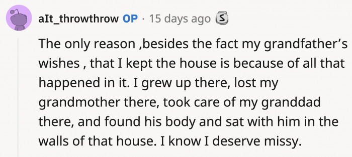 At least OP can keep Missy knowing that she deserves her.