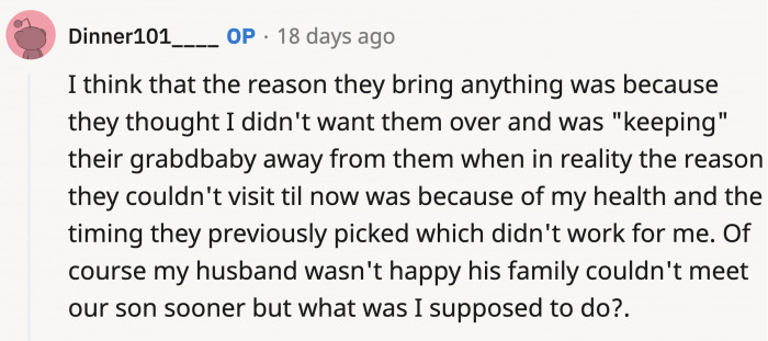 OP said that they probably didn't bring anything for her because they were holding a grudge against OP for 