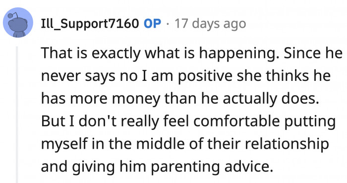 OP doesn't feel like it's her place to give her partner parental advice.