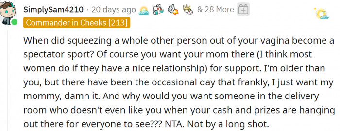 The Redditors advised OP to stand her ground. Women do not need spectators there.