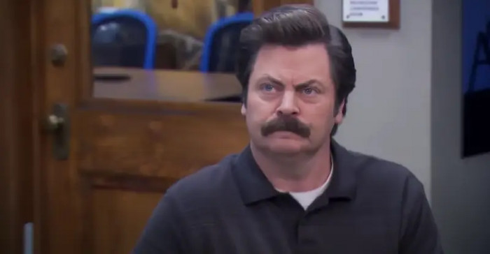 12. Nick Offerman acting as Ron Swanson in Parks and Rec