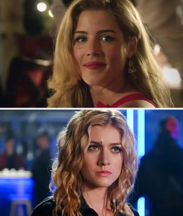 10. Emily Bett Rickards as Felicity and Katherine McNamara as Mia Smoak in Arrow