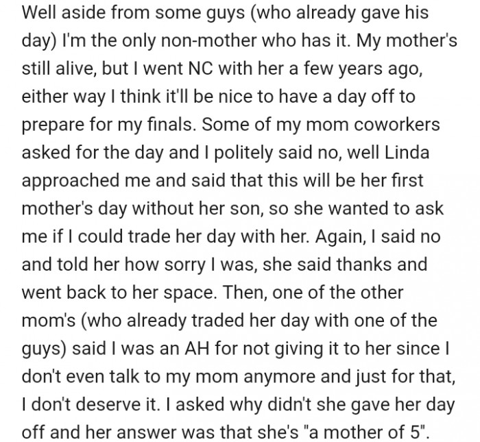 Other workers decided yet again to trade their days off with the lady. However, OP was adamant about keeping hers this time