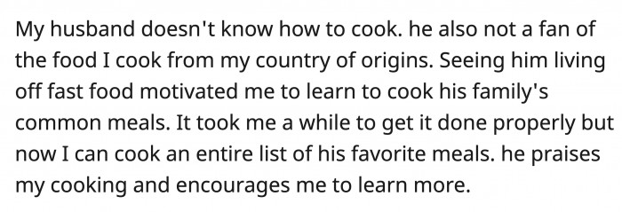 The husband said he was trying to protect OP's feelings by not mentioning it, but she hurt him when she said she wouldn't cook for him anymore. Is OP the a**hole? You can read the full post below: