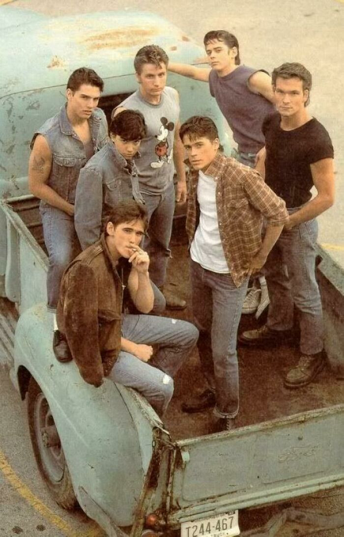 49. Tom Cruise, Emilio Estevez, C. Thomas Howell, Patrick Swayze, Ralph Macchio, Rob Lowe, and Matt Dillon - The Outsiders in 1983