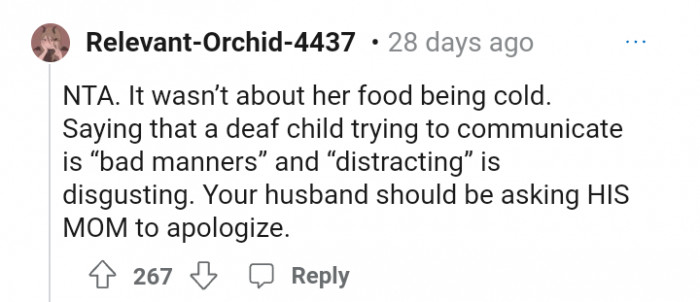 No one believes it was about the food getting cold.