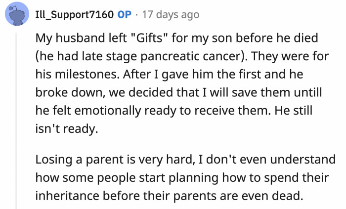 It is a difficult topic to discuss that her son's money is there because his father passed away. OP's partner shouldn't have accused her of playing favorites or putting money above his happiness.