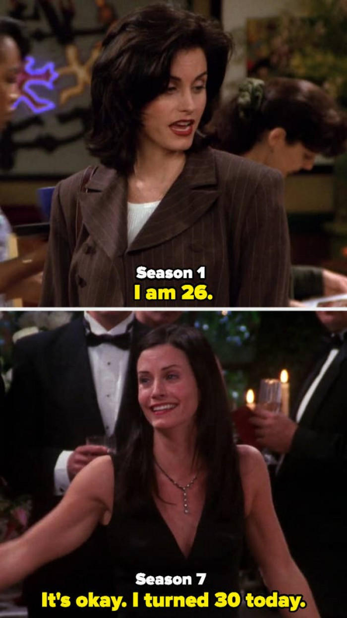 Monica says she is 26 in Season 1 but turns 30 in Season 7—she's only aged four years over the course of seven seasons.