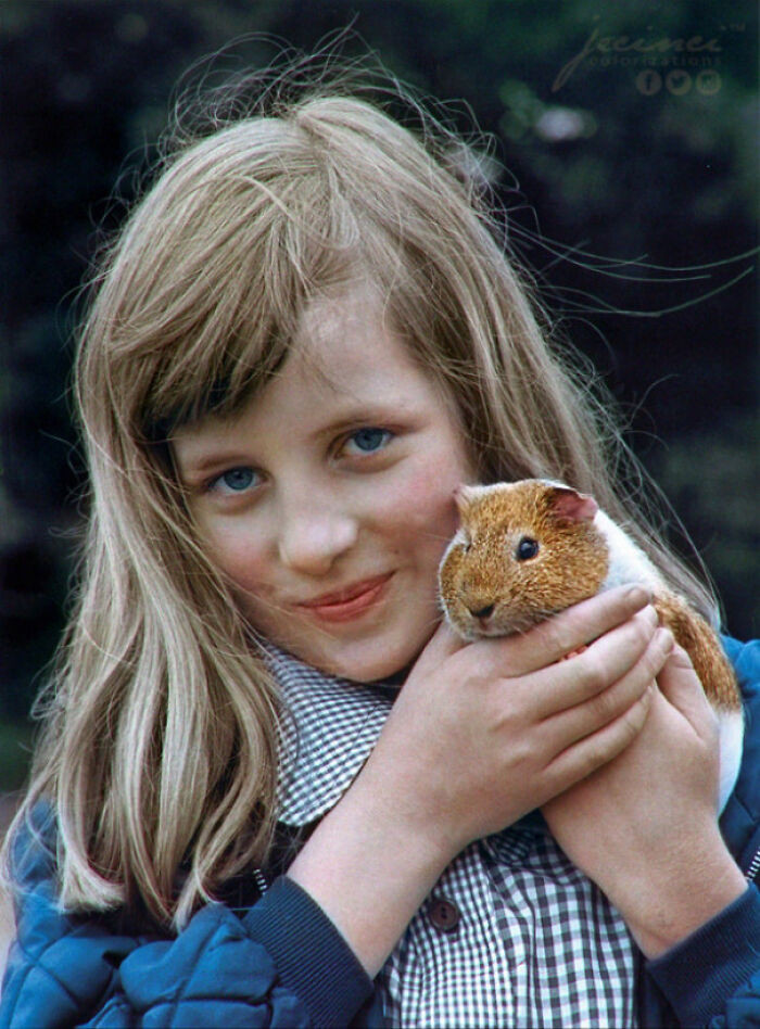 36. Young Princess Diana and her guinea pig named Peanut in 1972