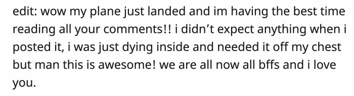 OP had a blast reading through all the comments when her plane landed (too bad her joke didn't come with her).
