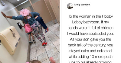 Mom Made Her Son Do Push-Ups In A Public Bathroom As A Form Of Punishment For Misbehaving, And The Internet Says "Well Done"
