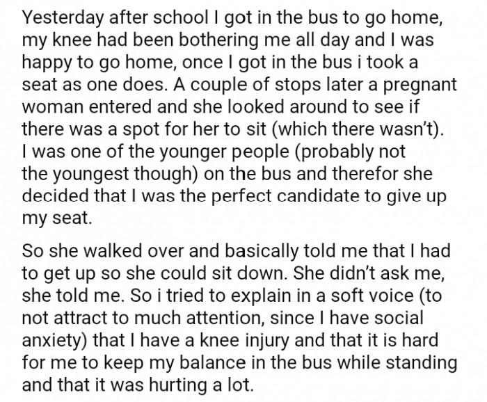 2. How OP became the perfect candidate to give up her seat.