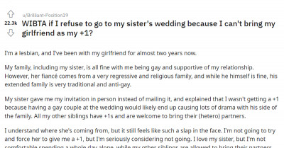 Bride Refused To Give Her Sister A Plus One Invite For Her Partner Because The Groom's Family Is Conservative