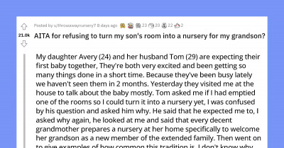 Woman Refuses To Kick Her Son Out Of His Room To Make It Into A Full Nursery For Her Grandchild Who Will Visit Only Occasionally