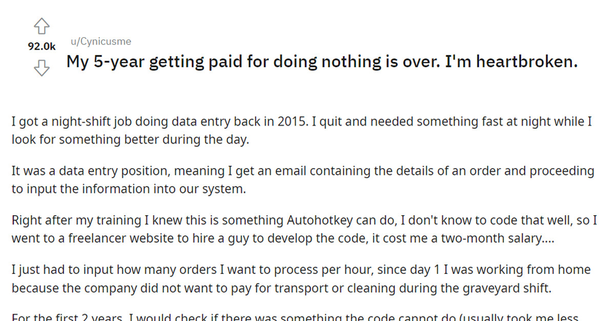 Employee Got Away With Fully Automating The Job He Was Hired To Do For Five Years Before Being Let Go