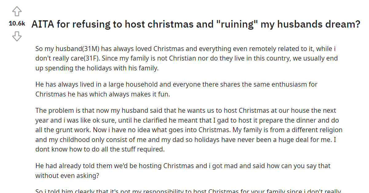 'Grinch' Wife Gets Accused Of Ruining Her Husband's Dream When She Refused To Host Holiday Dinner For His Family
