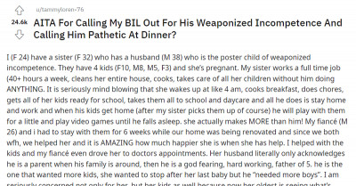 Woman Asks The Internet To Tell Her If She Was Wrong For Calling Her Brother-In-Law Pathetic Because Of His Weaponized Incompetence
