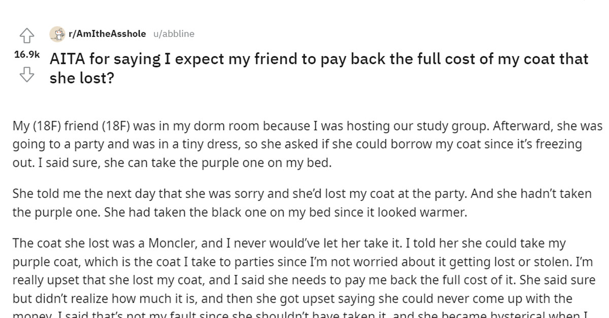 Woman Asks If She Should Expect Her Friend To Pay Her Back For Losing Her Coat