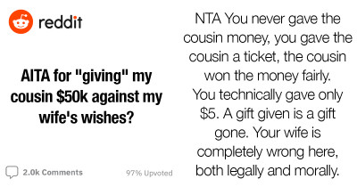 Husband Gifts Cousin $5 Lottery Ticket That Wins $50,000, But Wife Wants Him To Take It Back