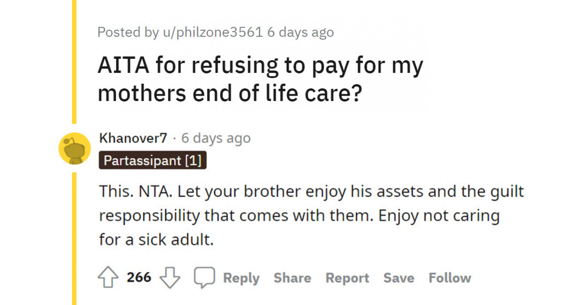 Daughter Is Asking If She's TA For Refusing To Pay Her Mother's End-Of-Life Care