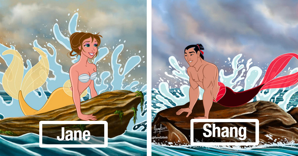 Disney Obsessed Artist Turns Beloved Disney Characters Into 'The Little Mermaid' Characters