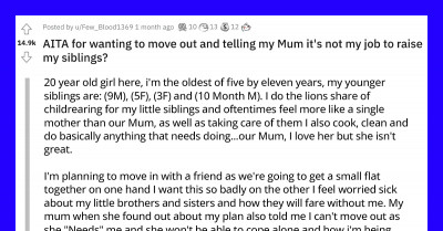 Reddit Reassures A 20-Year-Old She's Not Selfish For Moving Out After Taking Care Of Her 4 Younger Siblings For Years In Place Of Their Neglectful Mum