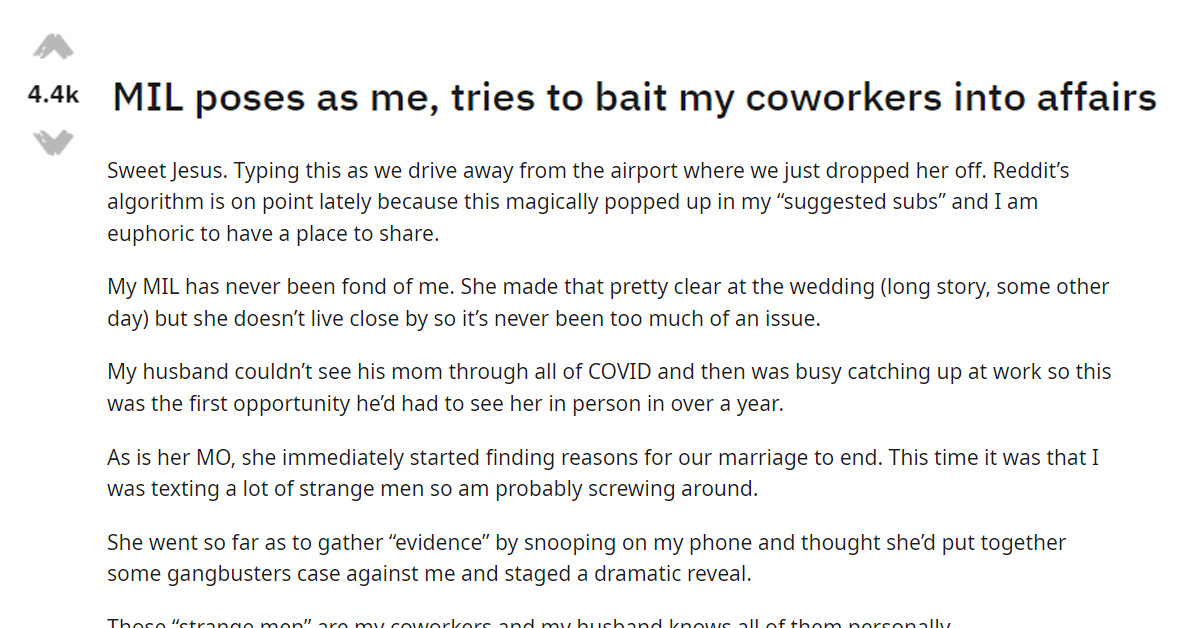 OP’s Mother-In-Law Poses As Her And Tried To Ruin Her Marriage By Baiting Co-Workers To Have An Affair