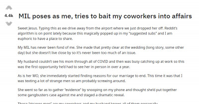 OP’s Mother-In-Law Poses As Her And Tried To Ruin Her Marriage By Baiting Co-Workers To Have An Affair