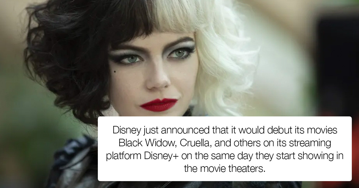 "Black Widow," "Cruella," And Other Disney Movies Will Premiere In Theaters And On Disney+ Simultaneously