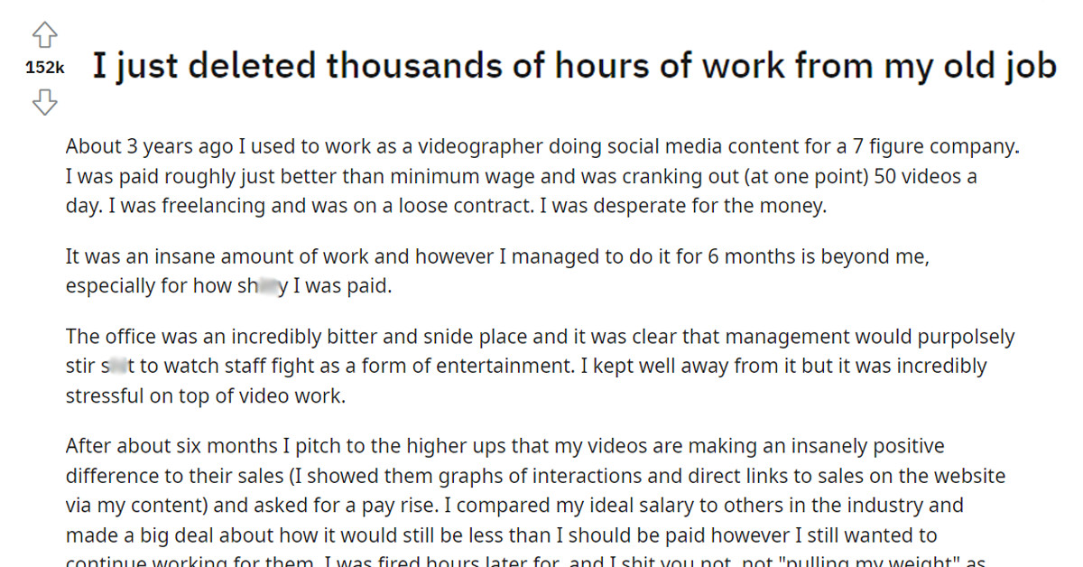 Man Deletes Thousands Of Hours Of Work After Being Fired From "Old Toxic Job" For Requesting A Raise