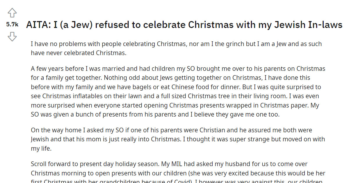 Jewish Mom Wants To Know If She's Wrong For Not Letting Her Kids Celebrate Christmas After Her MIL Raged Over It