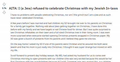 Jewish Mom Wants To Know If She's Wrong For Not Letting Her Kids Celebrate Christmas After Her MIL Raged Over It